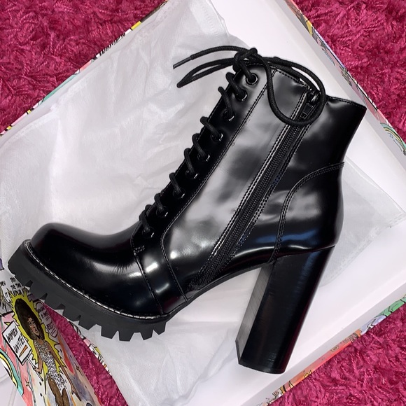 Jeffrey Campbell Shoes - Jeffrey Campbell Legion Black Leather Shiny Heeled Lace-Up Side Zip Boot New